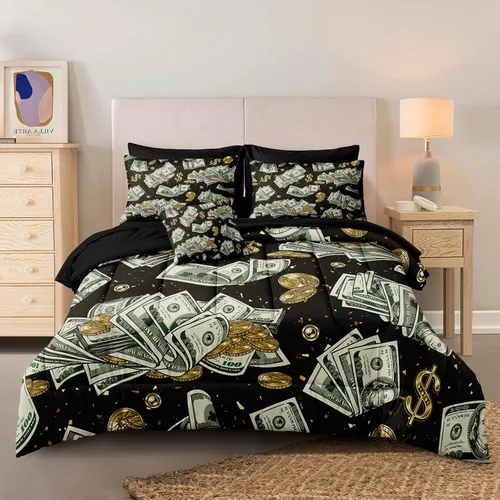 Miniatura 10 de Merryword - Juego de edredón de mármol negro, tamaño individual, 6 piezas, ropa de cama en una bolsa, diseño de mármol metálico dorado con 1