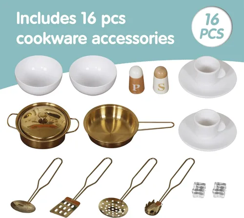 Miniatura 8 de Juego de Cocina de Juguete de Madera con Máquina de Hielo, Dispensador de Agua, Cafetera, Gran Juego de Cocina de Juguete para Niños Pequeños