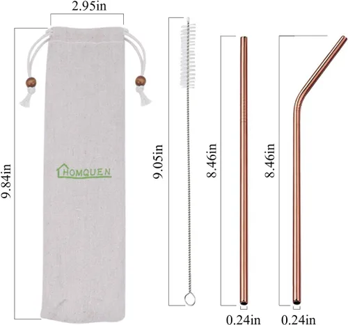 Miniatura 2 de 18 popotes de acero inoxidable de cobre, popotes reutilizables de oro rosa de 8.5 pulgadas, con bolsa portátil (8 rectos/8 doblados/2 cepillos)