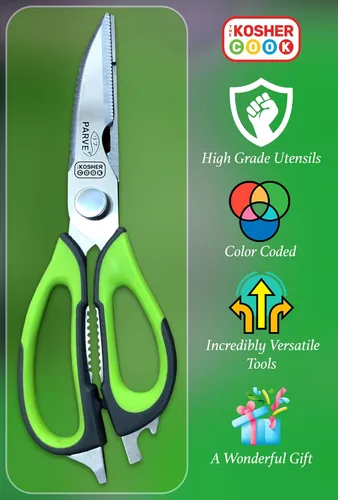 Miniatura 2 de Parve Green - Tijeras de cocina resistentes con cuchillas ultra afiladas y asas de agarre de goma cómodas, herramientas de cocina codificadas por