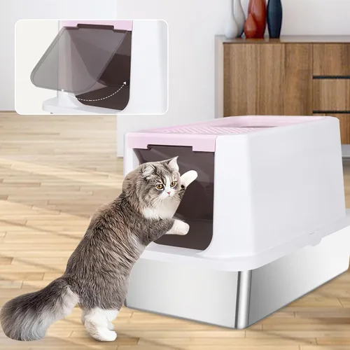 Miniatura 8 de RIZZARI Caja de arena cerrada extragrande para gatos, bandeja de arena de acero inoxidable rosa con diseño antifugas, superficie antiadherente fácil