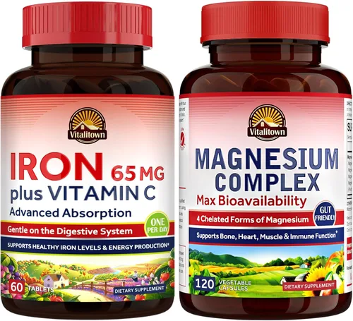 Vitalitown Suplemento de complejo de magnesio de 500 mg y 65 mg de hierro para mujeres y hombres, para dormir, músculo, construcción de sangre y