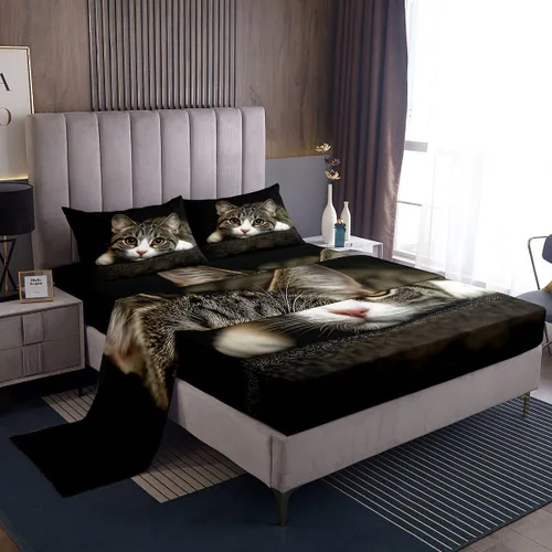 Feelyou Juego de sábanas de gatos con patrón de animales 3D para niños y niñas, decoración de gatos, gatitos, juego de cama marrón y gris, 3 piezas,