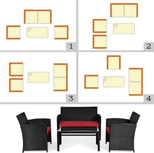 Miniatura 8 de COSTWAY Juego de muebles de ratán de patio de 4 piezas, juego de conversación de mimbre para exteriores con cojines suaves y mesa de centro de Rojo