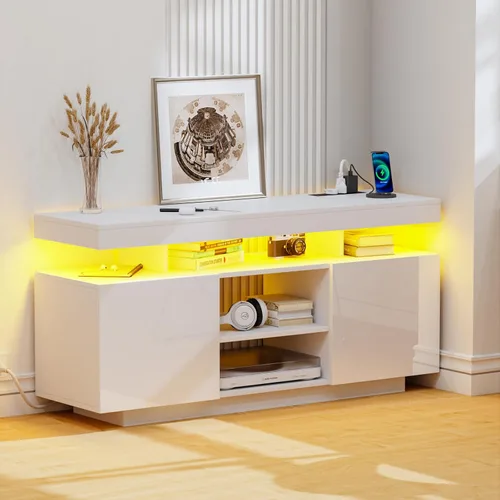 Miniatura 14 de HOMMPA Soporte de TV LED moderno para TV de 65/60/55 pulgadas con tomas de corriente - Centro de entretenimiento con almacenamiento para consola
