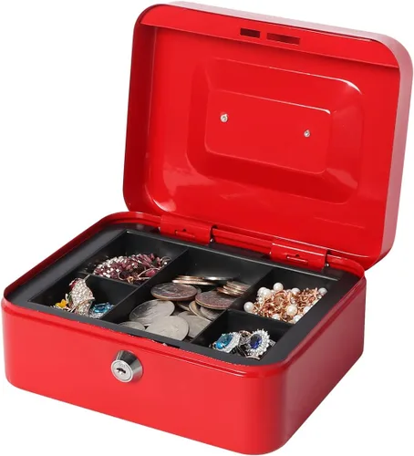 Miniatura 7 de Caja de dinero pequeña con bandeja de dinero y cerradura, caja de dinero de metal para efectivo, caja de seguridad de 7.87 x 6.3 x 3.54 pulgadas