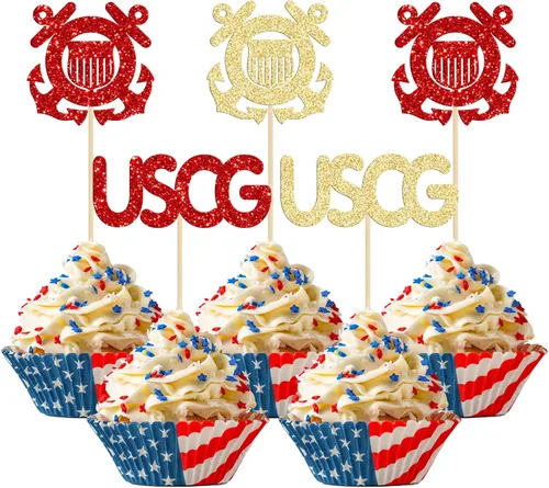 24 piezas de decoración de cupcakes de la Guardia Costera de la USCG con purpurina militar encuadernado con emblema para magdalenas, insignias del