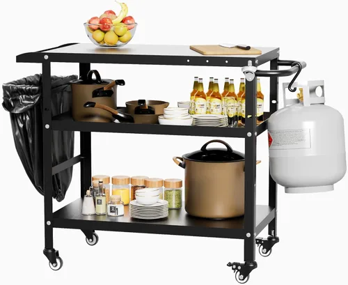 Miniatura 4 de Xilingol Carrito de parrilla al aire libre, mesa de soporte para horno de pizza con ruedas para patio exterior, mesa de preparación de cocina al