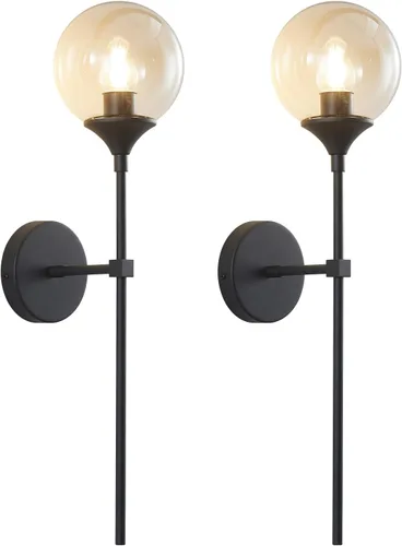 Miniatura 8 de KCO Mid-Century - Juego de 2 apliques de pared modernos con globo de vidrio ámbar con brazo largo, lámparas de pared industriales doradas