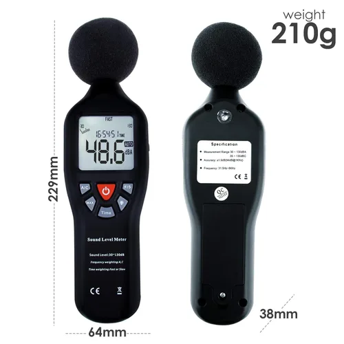 Miniatura 5 de Instrumento compacto medidor de nivel de sonido profesional con pantalla de retroiluminación Medición de alta precisión 30dB-130dB
