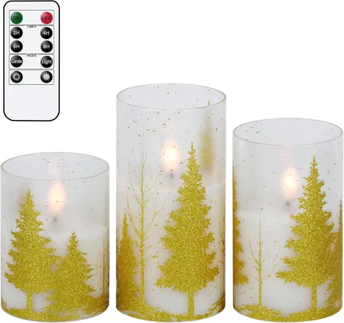 Miniatura 13 de Eldnacele Vela de cristal sin llama de Papá Noel con temporizador remoto, funciona con pilas, velas LED parpadeantes, paquete de 3 velas de Navidad