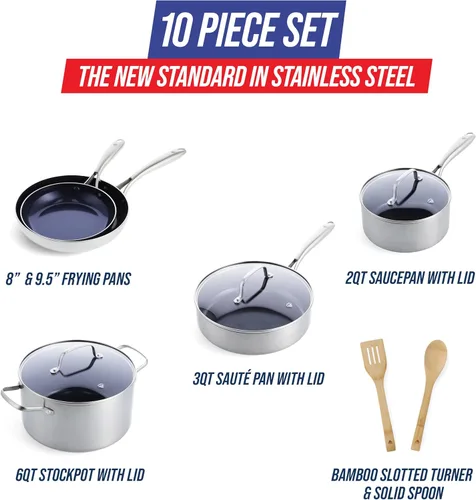 Miniatura 4 de Blue Diamond HD Stainless Steel Clad Pro - Juego de ollas y sartenes de 10 piezas, cerámica antiadherente con infusión de diamante, sin PFAS, apto