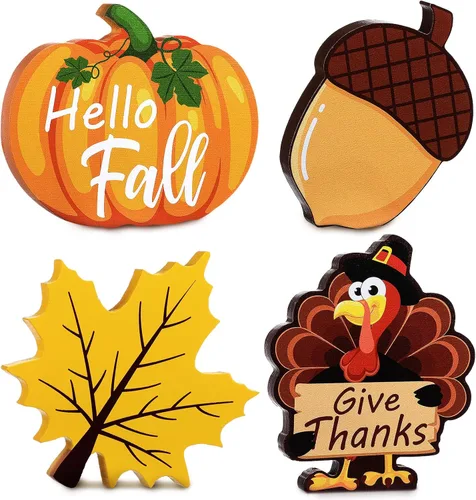 Miniatura 7 de Bucherry 4 piezas de decoración de bandeja escalonada de otoño de Acción de Gracias, letreros de madera de otoño, calabaza, hoja de arce, cosecha