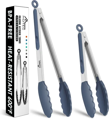 Miniatura 10 de HOTEC Pinzas de Cocina Premium de Acero Inoxidable con Bloqueo con Puntas de Silicona, Juego de 2-9" y 12" Gris Claro Paquete de 2: gris claro