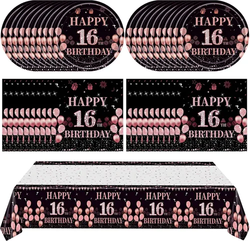 Miniatura 17 de Ryzovo - Decoraciones de cumpleaños 50 para mujer, platos de papel desechables negro y oro rosa, suministros de fiesta para 20 invitados, 41 piezas
