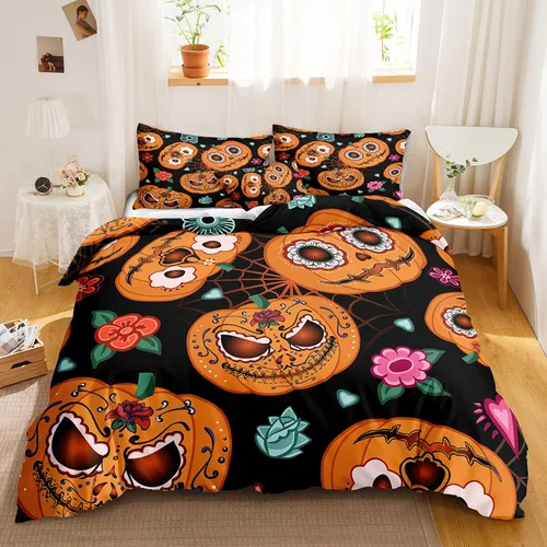 Miniatura 37 de Juego de funda de edredón de calabaza para Halloween, divertido diseño de calabaza malvada, color negro, juego de ropa de cama Tiwn 1 funda