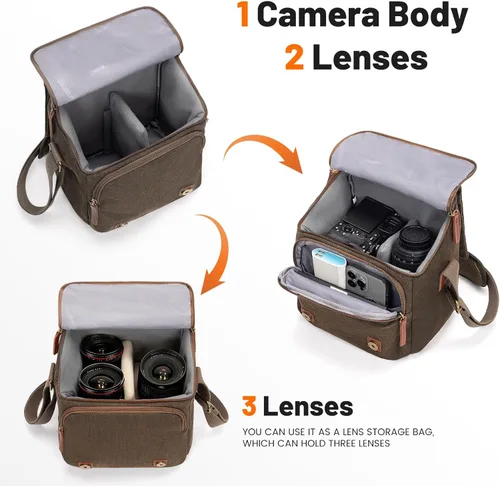 Miniatura 2 de Cwatcun Bolsa Pequeña para Cámara Bolsa Mensajero de Lona Compacta para Cámara, Funda de Hombro para Cámara Digital, Bolsa de Fotografía de Viaje