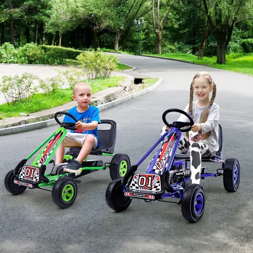 Miniatura 6 de HONEY JOY Go Kart para Niños, Cuadriciclo de 4 Ruedas Todoterreno con Pedales Go Cart con Volante y Asiento Ajustable, 2 Frenos de Seguridad, Azul