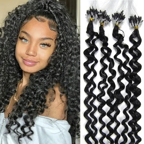 Miniatura 8 de Micro Link - Extensiones de cabello rizado con micro anillo, punta de bucle, cabello humano Remy real, color marrón oscuro, 20 pulgadas, 100 s #02