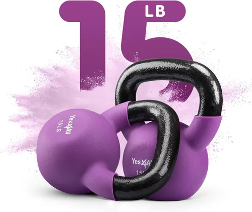 Miniatura 30 de Yes4All Pesas rusas, pesas rusas de hierro fundido recubiertas de neopreno de 5-65 LB, asa de agarre ancho y fondo plano para balanceos, D. 15
