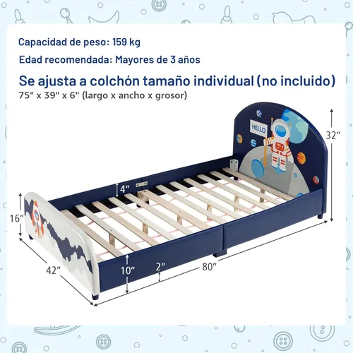 Miniatura 2 de Costzon Armazones de Cama Individual para Niños, Plataforma de Cama Individual Tapizada de Madera con Soporte de Listones, Cabecera y Pie de Cama