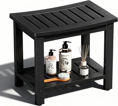 Psilvam Banco de ducha impermeable de madera de polietileno de 21 pulgadas con estante de almacenamiento, taburete de ducha antideslizante, asiento