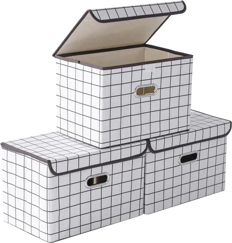 Miniatura 18 de STOREONE Contenedores de Almacenamiento de Tela en Forma de Cubo Plegables, Organizador Contenedor Cesta Plegable con Tapas y Asas de Metal
