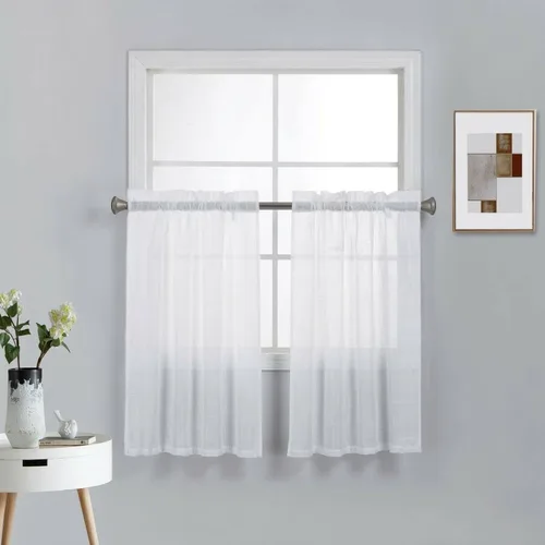 Miniatura 22 de Diamond Home Linens 2 paneles cortos con bolsillo para barra, filtrado de luz, de lino, texturizado, para ventanas pequeñas, 27 pulgadas de ancho x