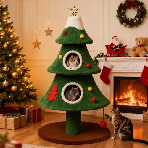 Miniatura 8 de LUCKLIFE Árbol de Navidad para gatos de 48 pulgadas con 2 casas acogedoras, torre moderna para gatos con kit antipuntas, perchas de felpa y bolas