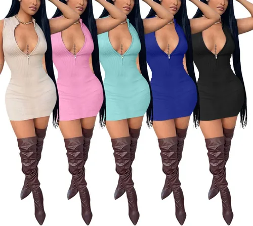 Miniatura 6 de Yanfoam Vestido sexy con cuello en V para mujer, con cremallera sólida, sin mangas, elástico, mini vestido de cóctel