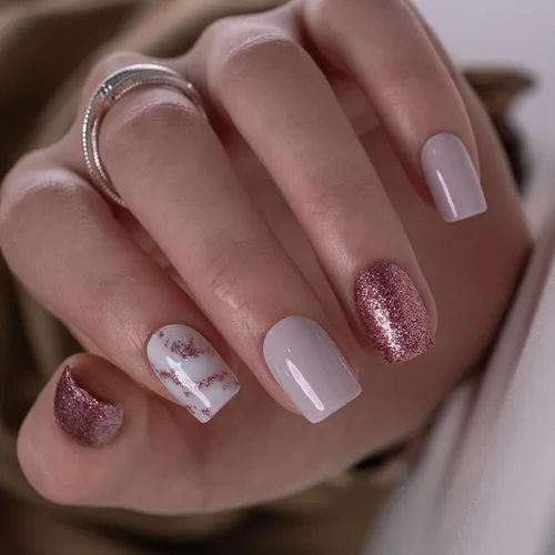 Miniatura 8 de Uñas a presión CurvLife cortas cuadradas Beige, Blancas, Rosas, Uñas postizas falsas acrílicas con diseño de albaricoque, uñas de cobertura completa