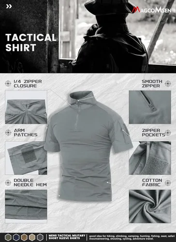 Miniatura 34 de MAGCOMSEN Camisas militares tácticas para hombre con cremallera de 1/4, manga corta, ajustada, camisa de camuflaje