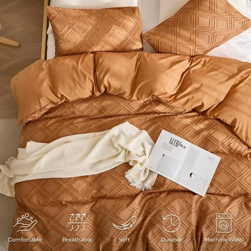 Miniatura 3 de JELLYMONI Juego de funda de edredón naranja oscuro, queen, de microfibra estilo capitoné, texturizado, bohemio, patrón geométrico de rombos jacquard