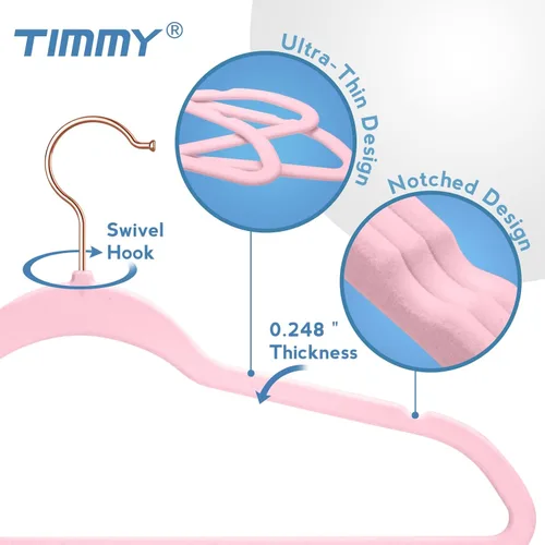Miniatura 3 de TIMMY Perchas de terciopelo antideslizantes, paquete de 50 perchas ultrafinas que ahorran espacio para trajes y abrigos, soporte para ropa Rosa