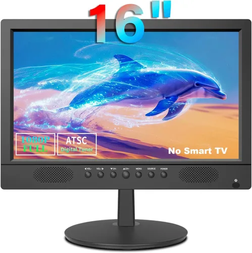 Jexiop Televisor de pantalla plana de 16 pulgadas, pequeño televisor con control remoto, perfecto Full HD 1080P para cocina, entradas de adaptador