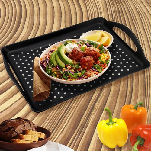 Miniatura 7 de Paquete de 4 bandejas antideslizantes para servir alimentos con asas, bandeja rectangular de plástico de 16.5 x 11.4 x 1.57 pulgadas, bandeja negra