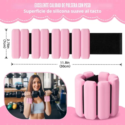 Miniatura 2 de Pesas de muñeca, paquete de 2 pesas ajustables para muñeca y tobillo para mujeres/hombres, brazaletes de muñeca de silicona para caminar, yoga, Rosa