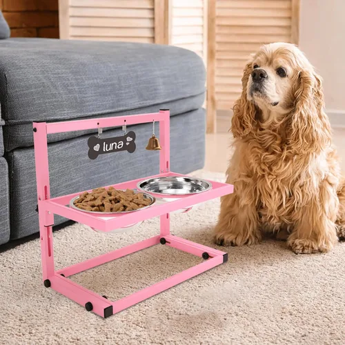 Miniatura 18 de SHAINFUN Soporte elevado para cuenco de perro rosa con dos cuencos de comida de acero inoxidable de 1700ml, comedero de alimentación lenta y Rosa