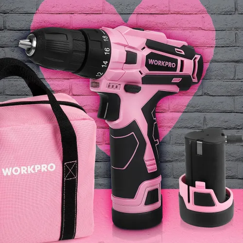 Miniatura 3 de WORKPRO Juego de Taladro Atornillador Inalámbrico Rosa, Kit de Herramientas de Atornillador Eléctrico de 12V, Portabrocas sin Llave de 3/8