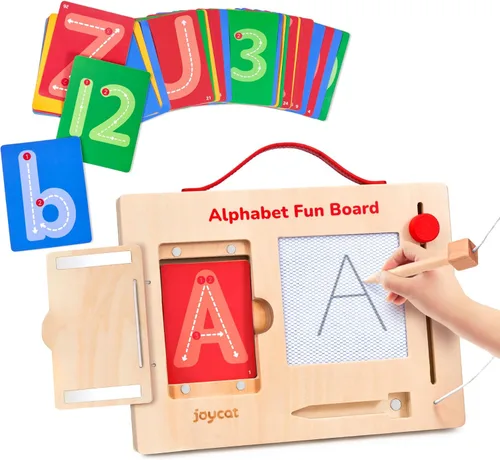 JoyCat Tabla de seguimiento de letras y números de madera, práctica de escritura del alfabeto, juguetes Montessori para niños de 3, 4, 5,