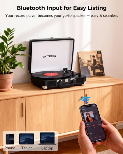 Miniatura 4 de Tocadiscos de vinilo con entrada y salida Bluetooth, tocadiscos portátil vintage de maleta, tocadiscos LP de 3 velocidades con conversión de vinilo