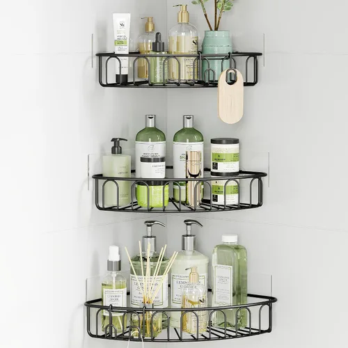 Miniatura 10 de Orimade Estante de ducha de esquina de acero inoxidable con ganchos, estante de baño montado en la pared, organizador de almacenamiento adhesivo