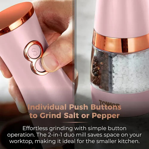 Miniatura 5 de Tower T847004PNK Molinillos eléctricos de sal y pimienta, funcionan con pilas con molinillos de cerámica ajustables, oro rosa y rosa