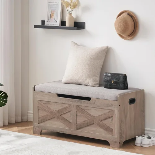 Miniatura 8 de GAOMON Baúl de almacenamiento, banco de almacenamiento de madera, banco de zapatos de estilo moderno con bisagra de seguridad para entrada