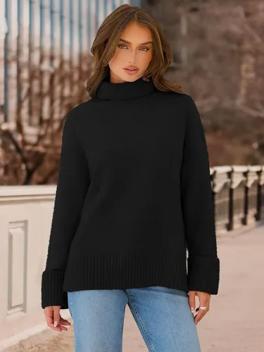 Miniatura 8 de MEROKEETY Suéter de punto mullido de cuello alto para mujer, manga larga, de gran tamaño, informal, para mujer