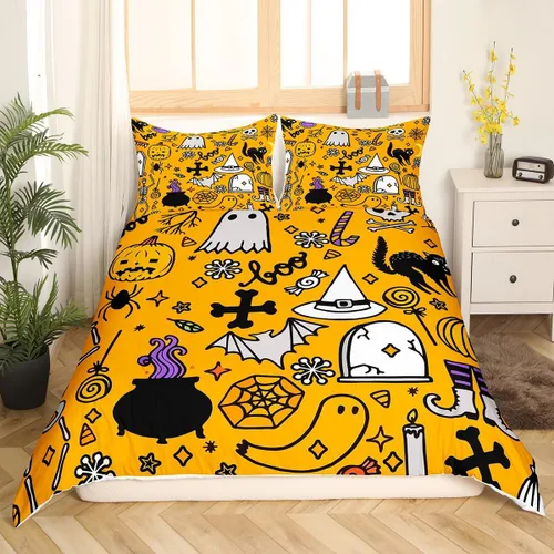 Miniatura 19 de Feelyou Funda de edredón de Halloween, tamaño individual, con 1 funda de almohada, decoración de Halloween, juego de ropa de cama con estampado