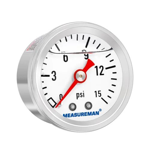 Miniatura 14 de MEASUREMAN - Manómetro, 0 a 15 psi, relleno glicerina, esfera 1.5 pulgadas, caja acero inoxidable 304, montaje central posterior 1/8 NPT, adaptador