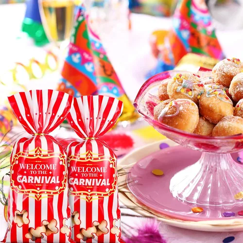 Miniatura 3 de Epakh Paquete de 200 bolsas de dulces de carnaval, con temática de circo, bolsas de plástico para fiestas con patrón de palomitas de maíz y lazos