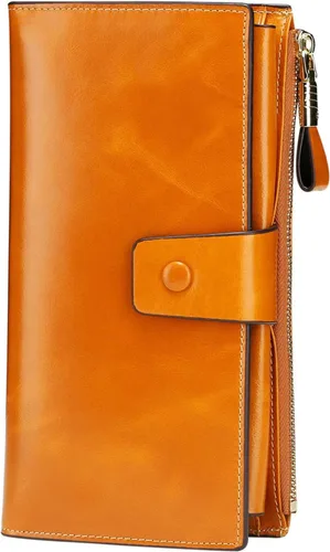 Itslife - Cartera de piel sintética encerada para mujer con bloqueo de identificación de radio frecuencia (RFID), de gran capacidad, encerada, de
