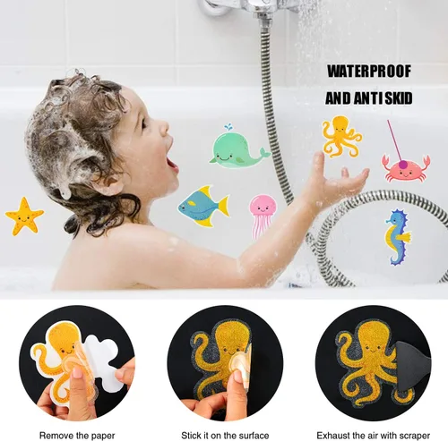 Miniatura 5 de Secopad Calcomanías antideslizantes para bañera, 14 piezas grandes de adhesivo marino para niños, calcomanías antideslizantes para ducha y bañera